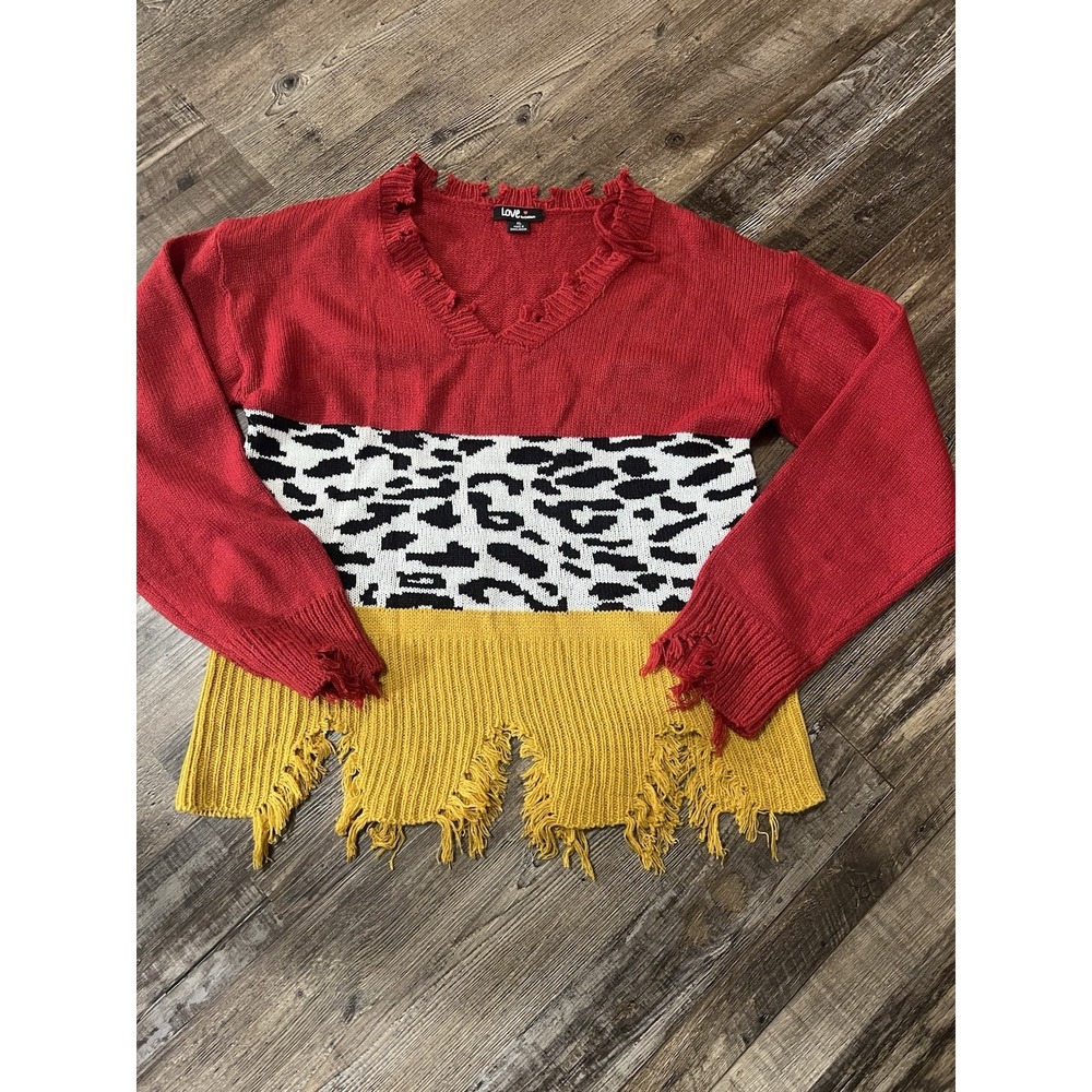 Women's Love By Chelsey Distressed Striped Animal Print Sweater Size XL